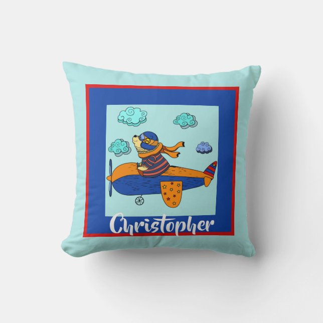 Bear in Plane, Cute Personalized Kid's Throw Pillow (Front)