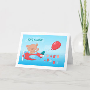 Bear In Plane With Balloon Birthday Card