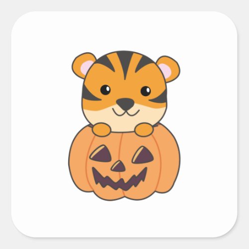 Bear In Pumpkin Orange Tiger Halloween Haircat Square Sticker