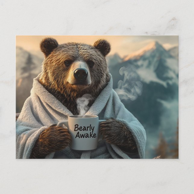 Bear in Robe Holding Coffee Mug Holiday Postcard (Front)