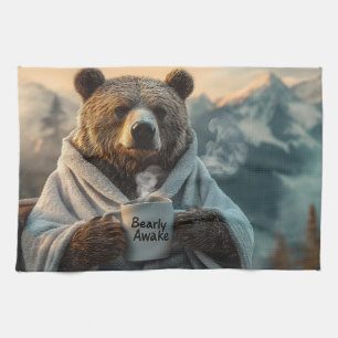 Bear in Robe Holding Coffee Mug Kitchen Towel