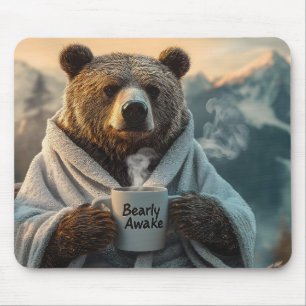 Bear in Robe Holding Coffee Mug Mouse Pad