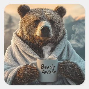 Bear in Robe Holding Coffee Mug Square Sticker