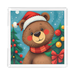 Bear in Santa Hat Among Christmas Trees Acrylic Tray