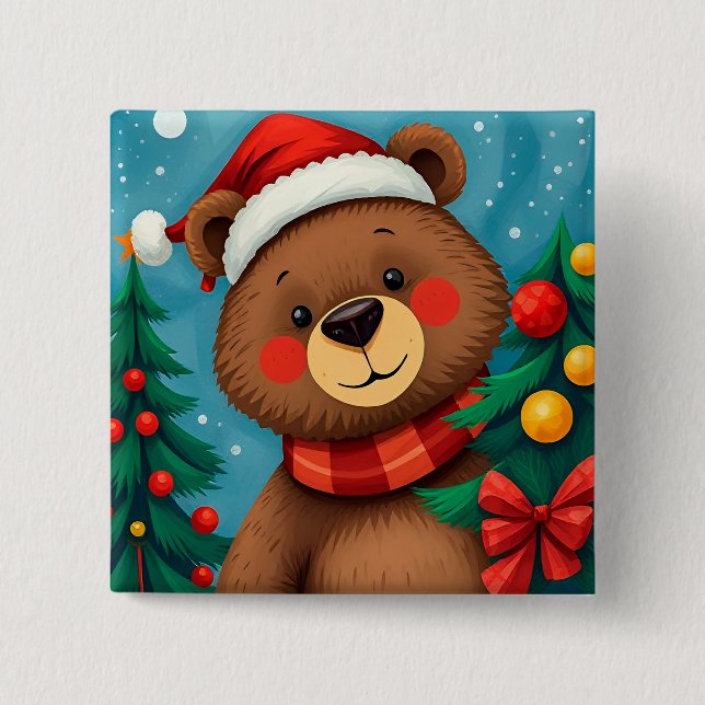 Bear in Santa Hat Among Christmas Trees Button (Front)
