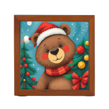 Bear in Santa Hat Among Christmas Trees