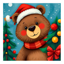 Bear in Santa Hat Among Christmas Trees