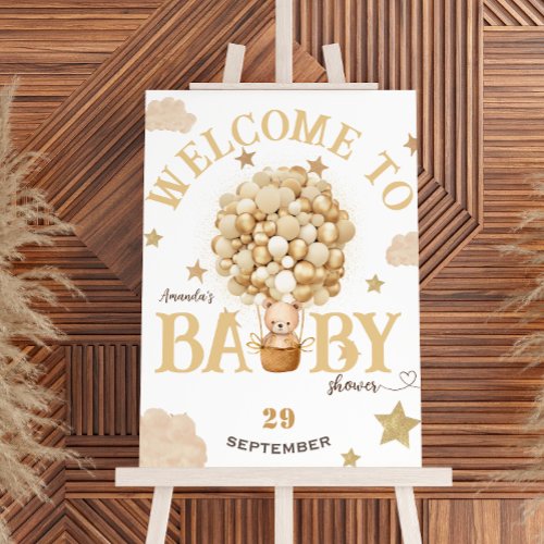 Bear In The Basket Gold Beige Baby Shower Welcome Poster