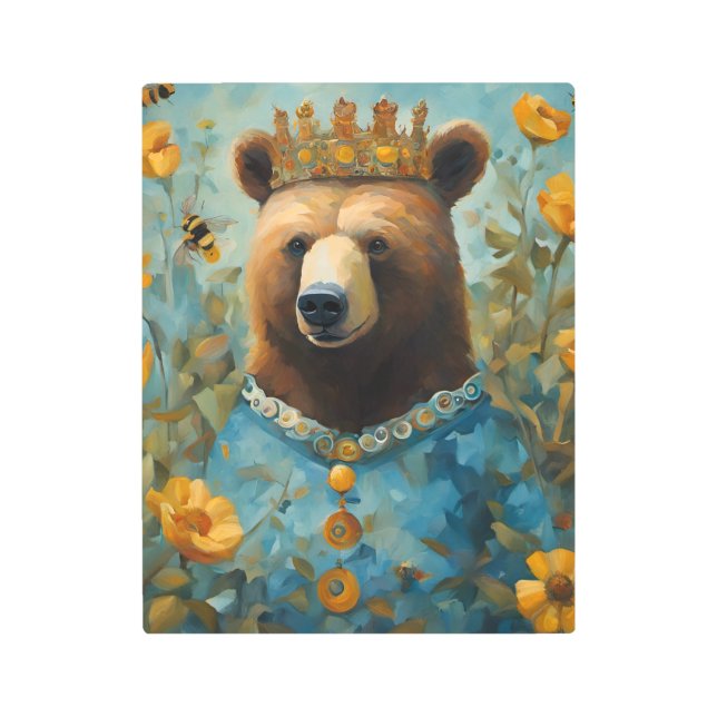 Bear in the Yellow Flowers Wears A Crown Metal Print (Front)