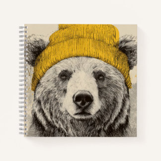 Bear in Yellow Beanie Rustic Woodland Animal Notebook