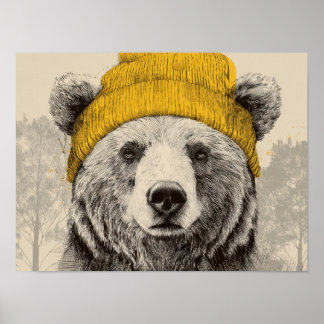Bear in Yellow Beanie Rustic Woodland Animal  Poster