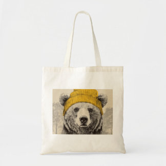 Bear in Yellow Beanie Rustic Woodland Animal  Tote Bag