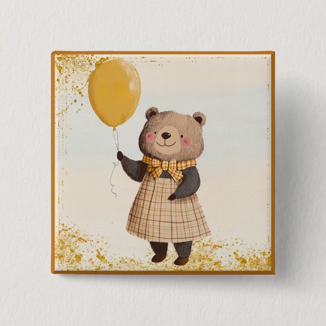 Bear in Yellow Plaid Dress with Yellow Balloon Button (Front)