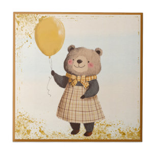 Bear in Yellow Plaid Dress with Yellow Balloon Ceramic Tile