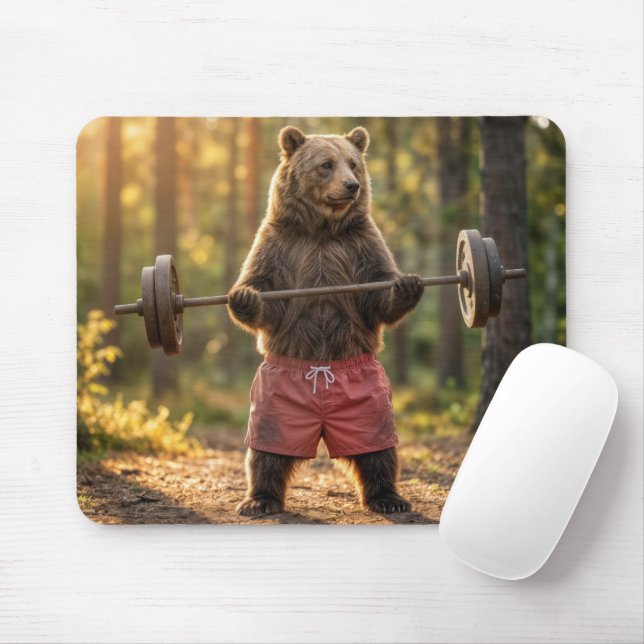 Bear Lifting Weights In a Sunny Forest Mouse Pad (With Mouse)