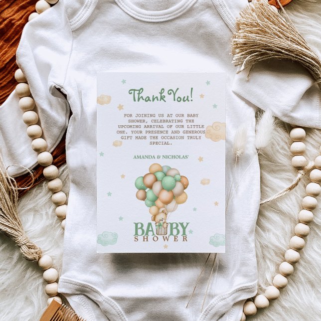 Bear Light Green Balloons Baby Shower Thank You Card (Creator Uploaded)