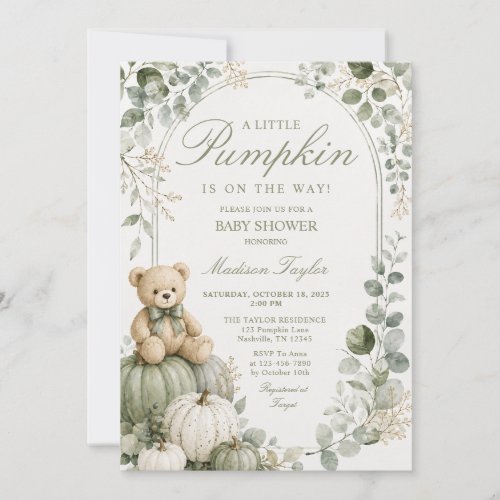 Bear Little Pumpkin Baby Shower Sage Green Floral Invitation