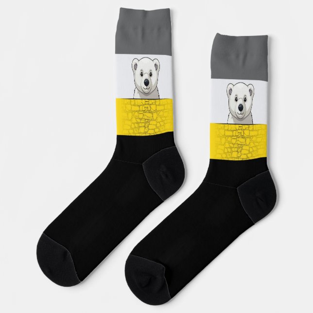 Bear looking over wall, Yellow, Black and Gray Socks (Left)