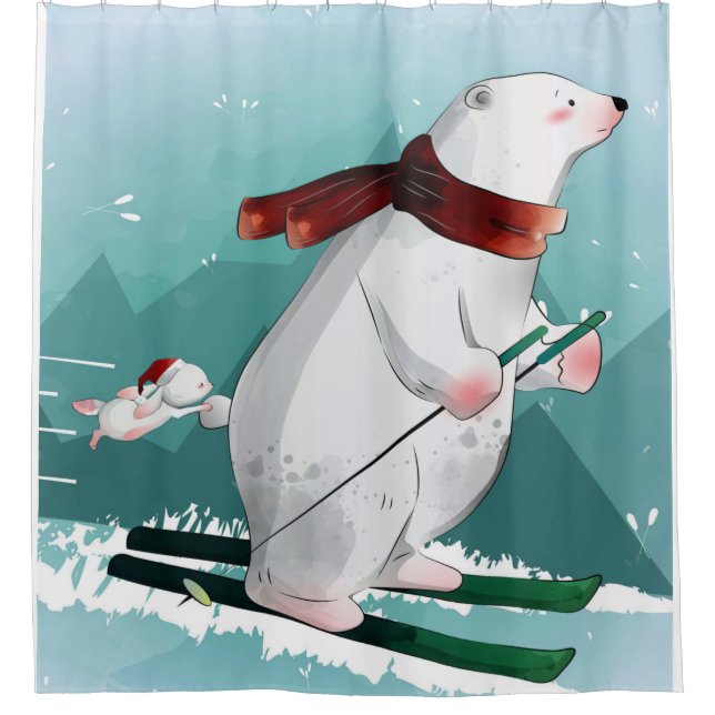 Bear Lovers | Polar Bear Skiing Funny Bear Cute Shower Curtain (Front)