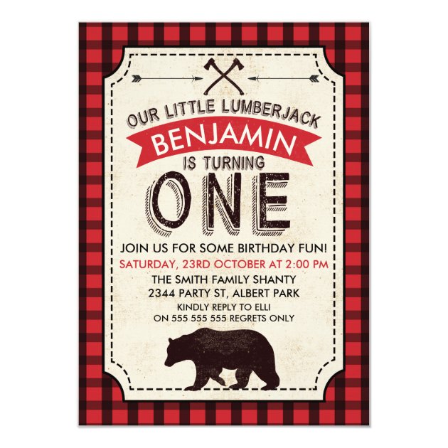 Bear Lumberjack 1st Birthday Invitation