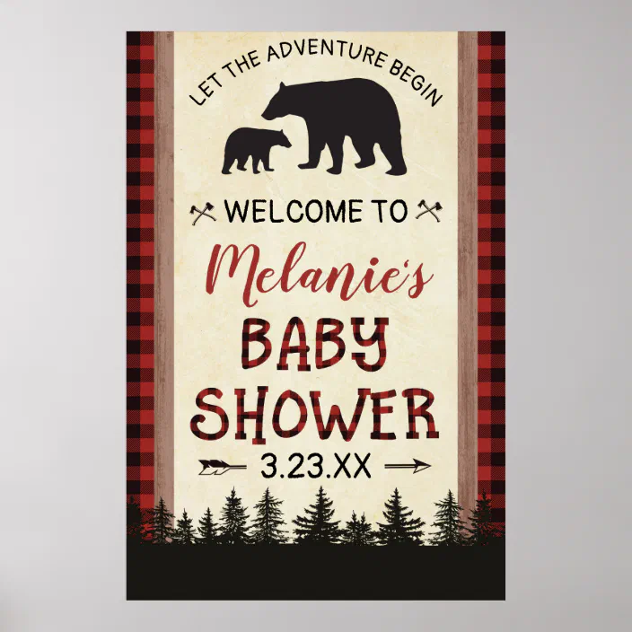 woodland lumberjack theme printable baby shower sign printable welcome sign  lumberjack bear baby shower baby boy buffalo plaid