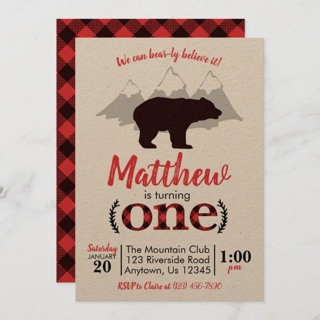 Bear Lumberjack Boy First Birthday Invitation (Front/Back)