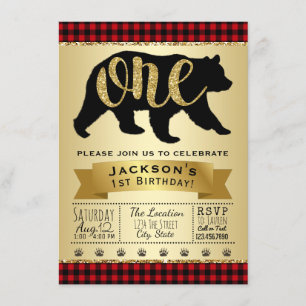 Bear Lumberjack First Birthday Party Invitations