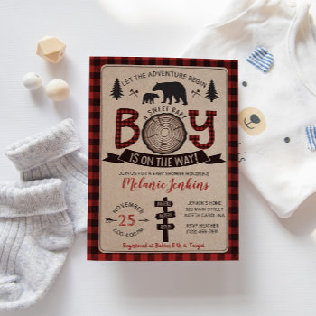 Bear Lumberjack Flannel Boy Baby Shower Invitation by YourMainEvent at Zazzle