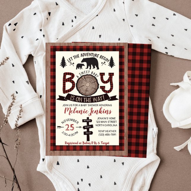 Bear Lumberjack Flannel Boy Baby Shower Invitation