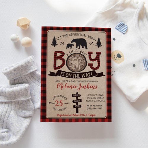 Bear Lumberjack Flannel Boy Baby Shower Invitation