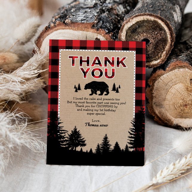 Bear Lumberjack Wild One Birthday Thank You Card (Creator Uploaded)