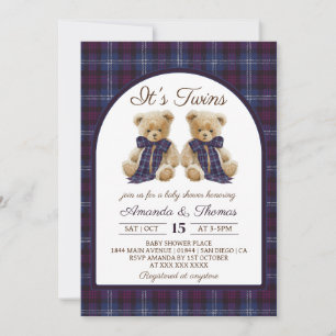 Bear Luxury Tartan Twins Baby Shower Invitation