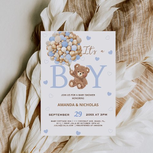 Bear Minimal Blue Balloons Boy Shower Invitation