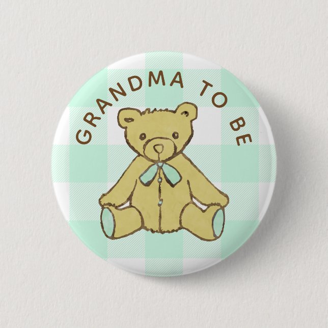 Bear Mint Green Buffalo Plaid Grandma To Be Button (Front)