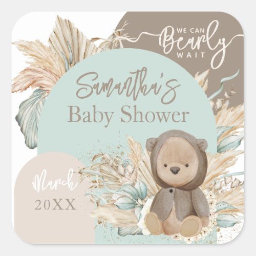 Bear Modern Boho Gender neutral Baby Shower Square Sticker