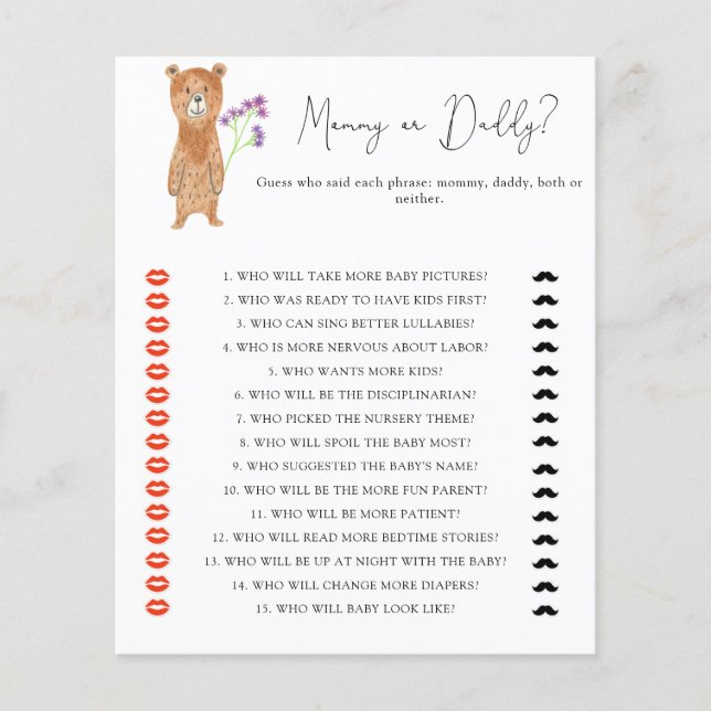 Bear - mommy or daddy baby shower game (Front)