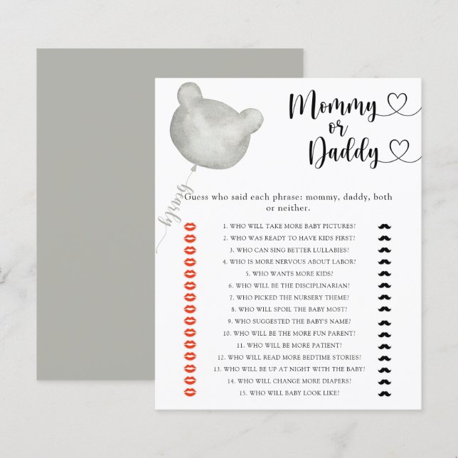 Bear mommy or daddy baby shower game (Front/Back)