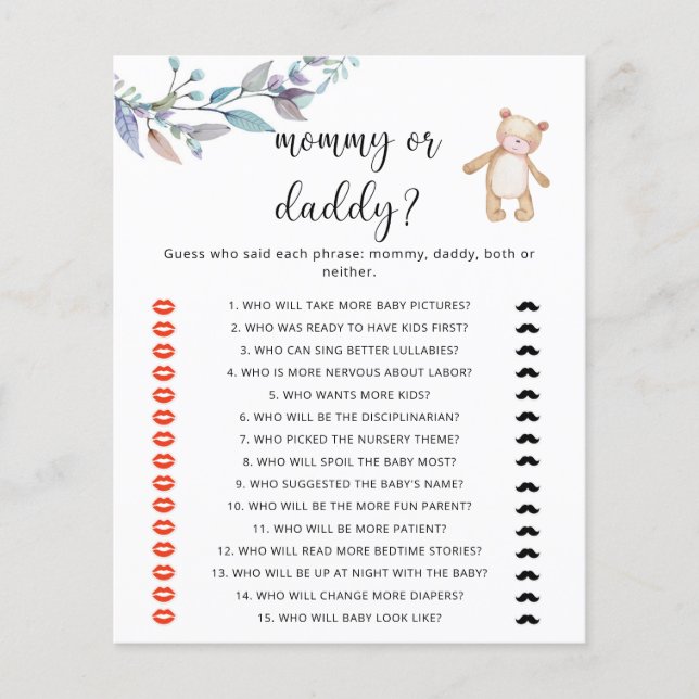 Bear mommy or daddy baby shower game (Front)