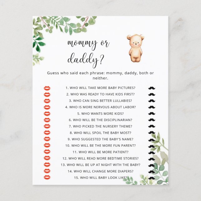 Bear mommy or daddy baby shower game (Front)
