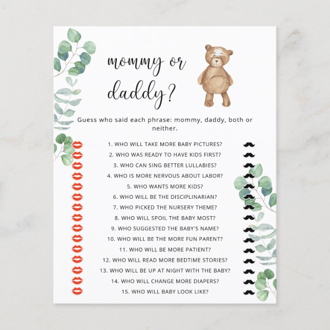 Bear mommy or daddy baby shower game (Front)