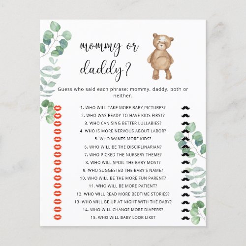 Bear mommy or daddy baby shower game