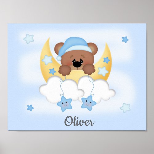 Bear Moon Stars Clouds Nursery Baby Boy Poster