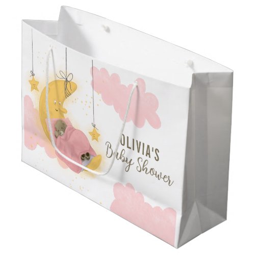 Bear Moon Stars Pink Clouds Girl Baby Shower Large Gift Bag