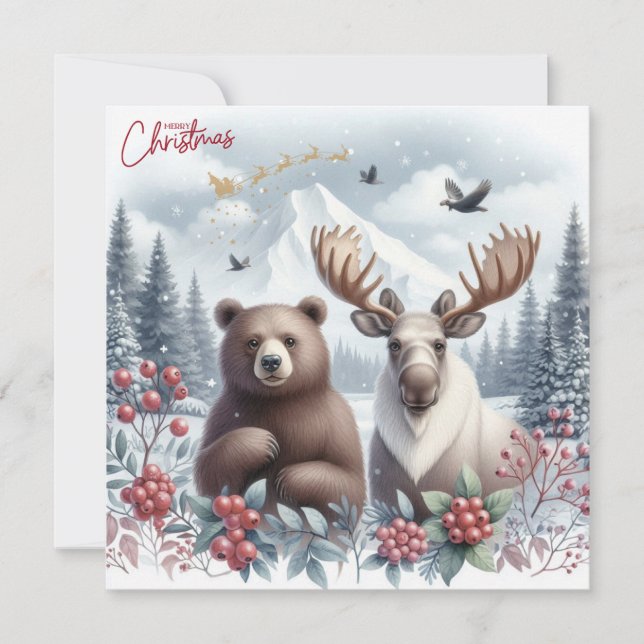 Bear, moose and beautiful nature at Christmas Holiday Card (Front)