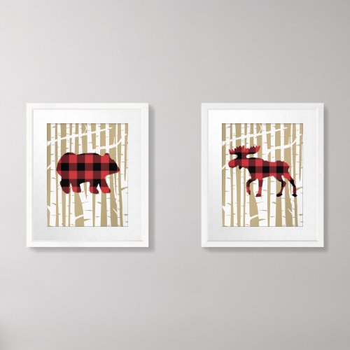 Bear Moose Rustic Birch Tree Buffalo Plaid Nursery Wall Art Sets