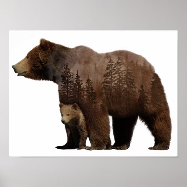 Bear Mother Baby Cub Double Exposure Poster (Front)