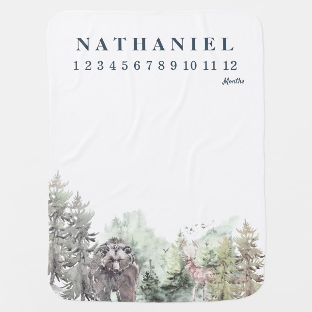 Bear Mountain Forest Boy Monthly Milestone Baby Blanket (Front)