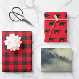 Bear, Mountains, Black and red Lumberjack set  Wrapping Paper Sheets