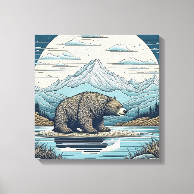 Bear, Mountains, Lake, Full Moon Ai Art Canvas Print (Front)