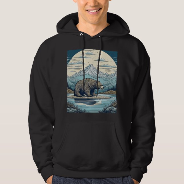 Bear, Mountains, Lake, Full Moon Ai Art Hoodie (Front)